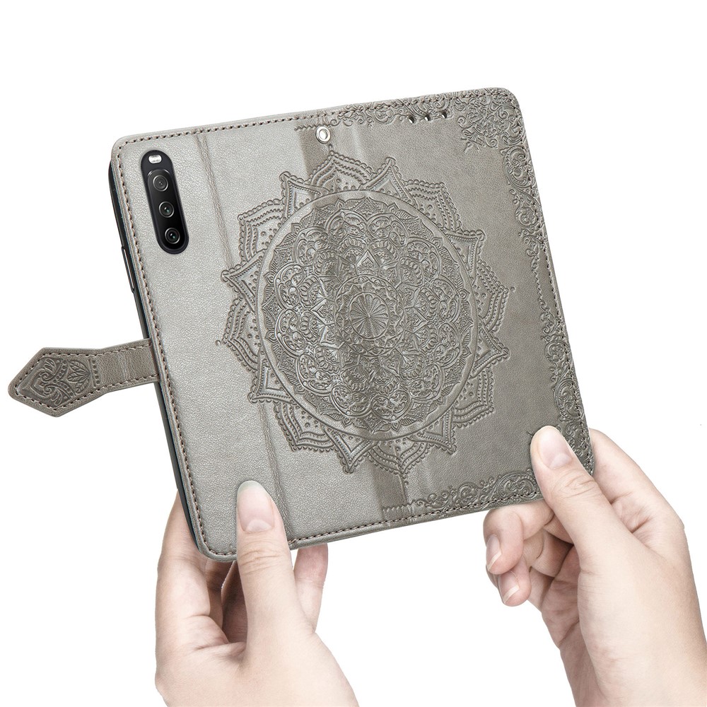 Geprinktes Mandala Blume PU Ledergehäuse Mit Brieftaschenstand Design Für Sony Xperia 10 III 5G - Grau