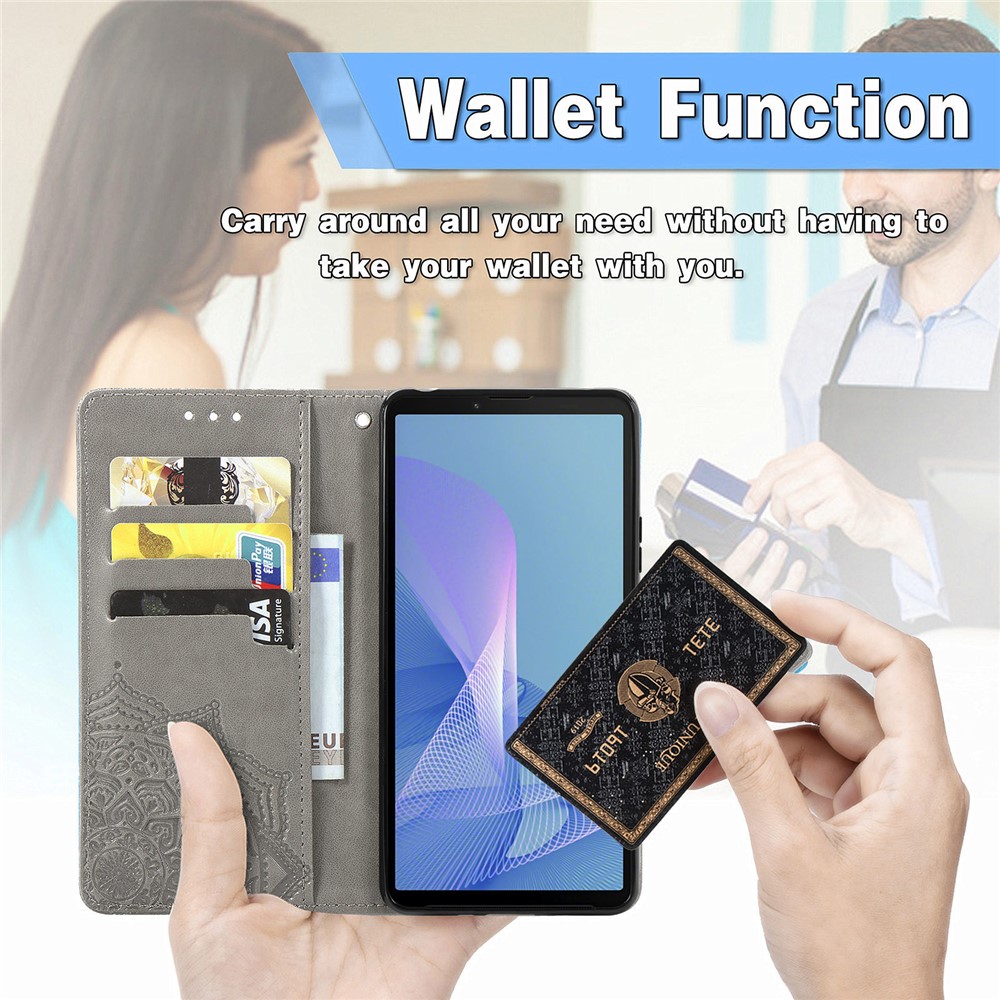 Imprinted Mandala Flower PU Leather Case with Wallet Stand Design for Sony Xperia 10 III - Grey-6