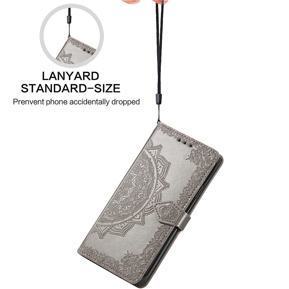 Imprinted Mandala Flower PU Leather Case with Wallet Stand Design for Sony Xperia 10 III - Grey-9