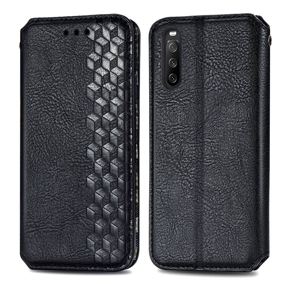 Wallet Stand Design Rhombus Imprinting Auto-Absorbed PU Leather Case for Sony Xperia 10 III - Black-1