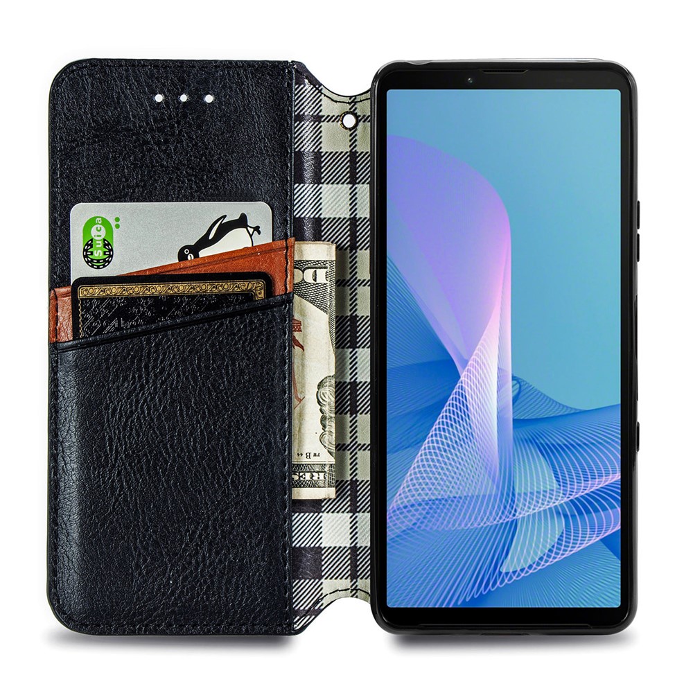 Wallet Stand Design Rhombus Imprinting Auto-Absorbed PU Leather Case for Sony Xperia 10 III - Black-12