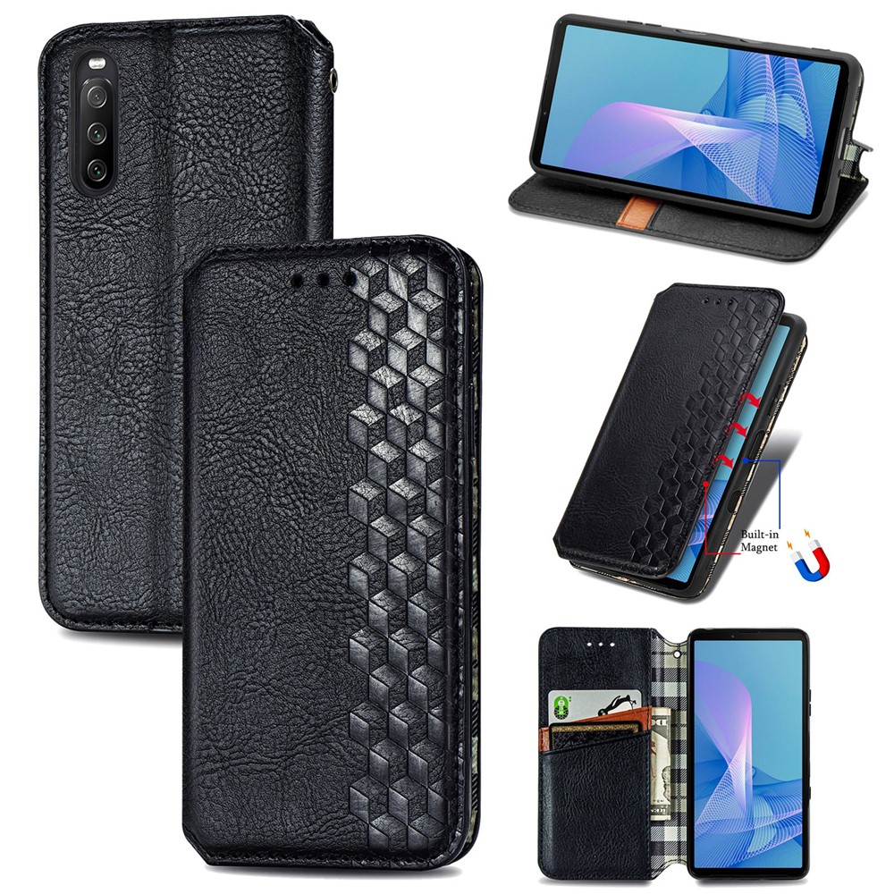Wallet Stand Design Rhombus Imprinting Auto-Absorbed PU Leather Case for Sony Xperia 10 III - Black-13
