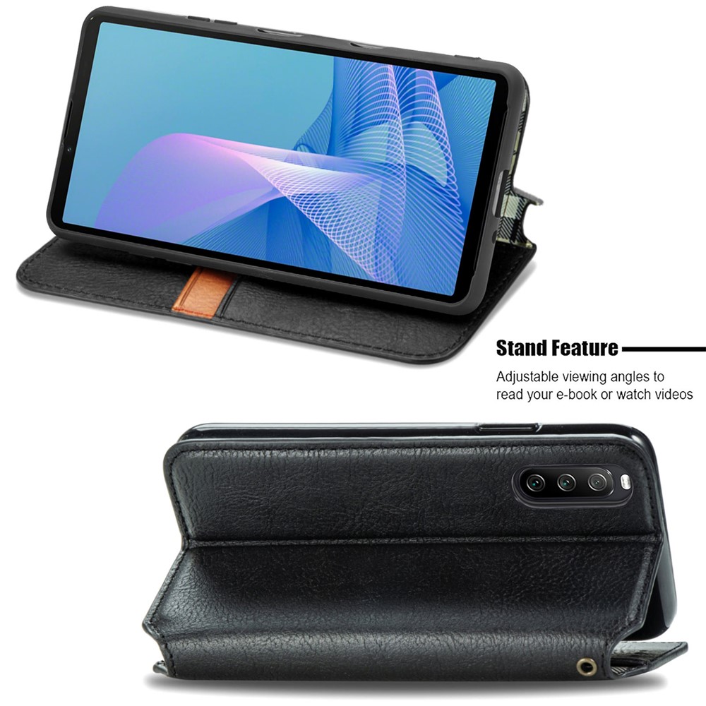 Wallet Stand Design Rhombus Imprinting Auto-Absorbed PU Leather Case for Sony Xperia 10 III - Black-3