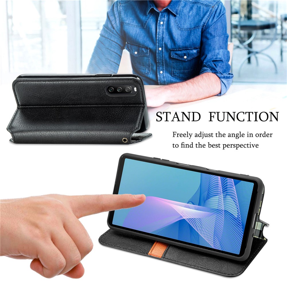 Wallet Stand Design Rhombus Imprinting Auto-Absorbed PU Leather Case for Sony Xperia 10 III - Black-4