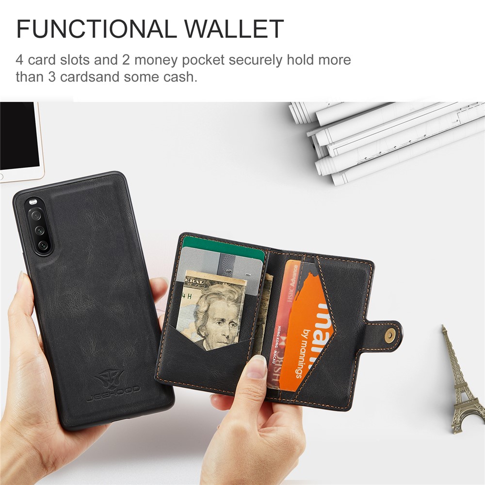 JEEHOOD Detachable 2-in-1 Leather Coated TPU Phone Case with Magnetic Clasp Wallet Design for Sony Xperia 10 III - Black-6
