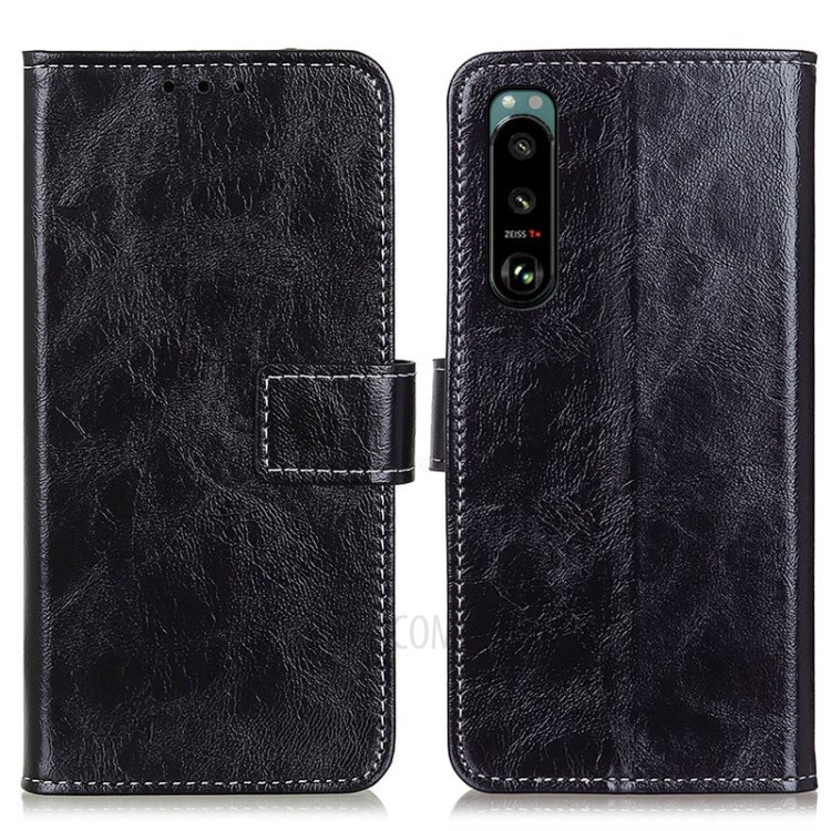 Crazy Horse Wallet Leather Stand Cover for Sony Xperia 5 III - Black-1