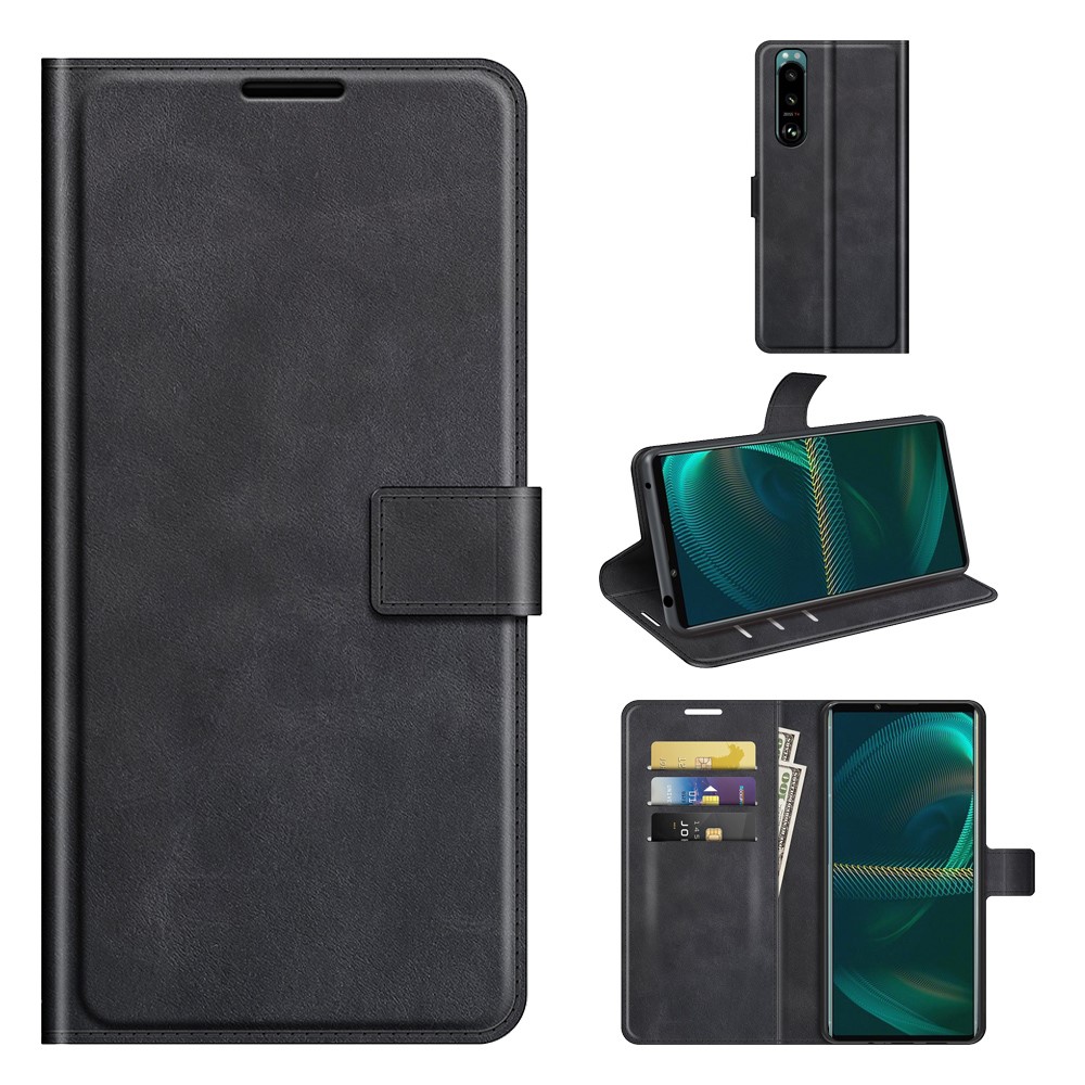 Leather Wallet Stand Protective Case Magnetic Square Clasp Cover for Sony Sony Xperia 5 III - Black-7