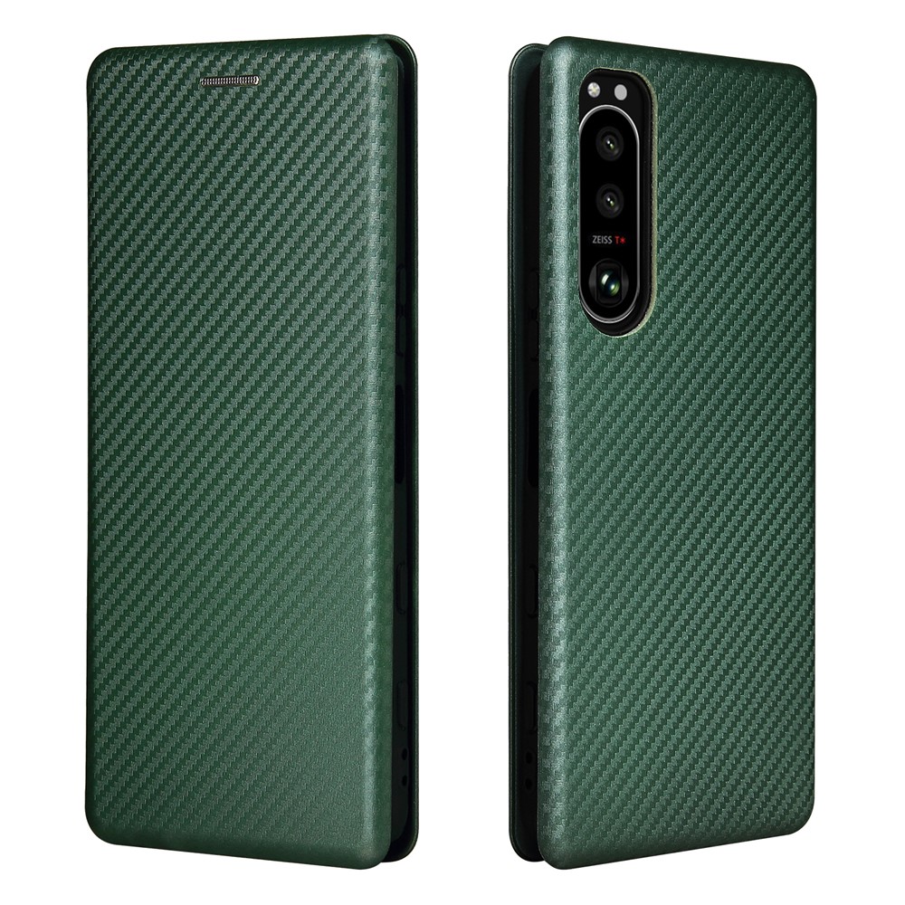 Carbon Fiber Texture Auto-absorbed Cell Phone Stand Cover for Sony Xperia 5 III - Green-1