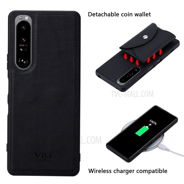 VILI T Series Leather Skin TPU Shell with Movable Magnetic-Absorbed Wallet for Sony Xperia 1 III - Black-2