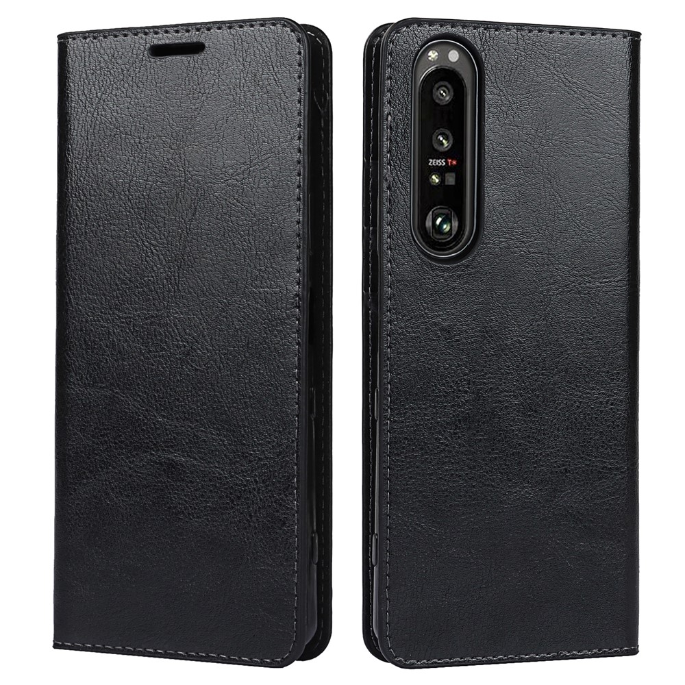 Crazy Horse Texture Genuine Leather Wallet Phone Design Case for Sony Xperia 1 III - Black-1