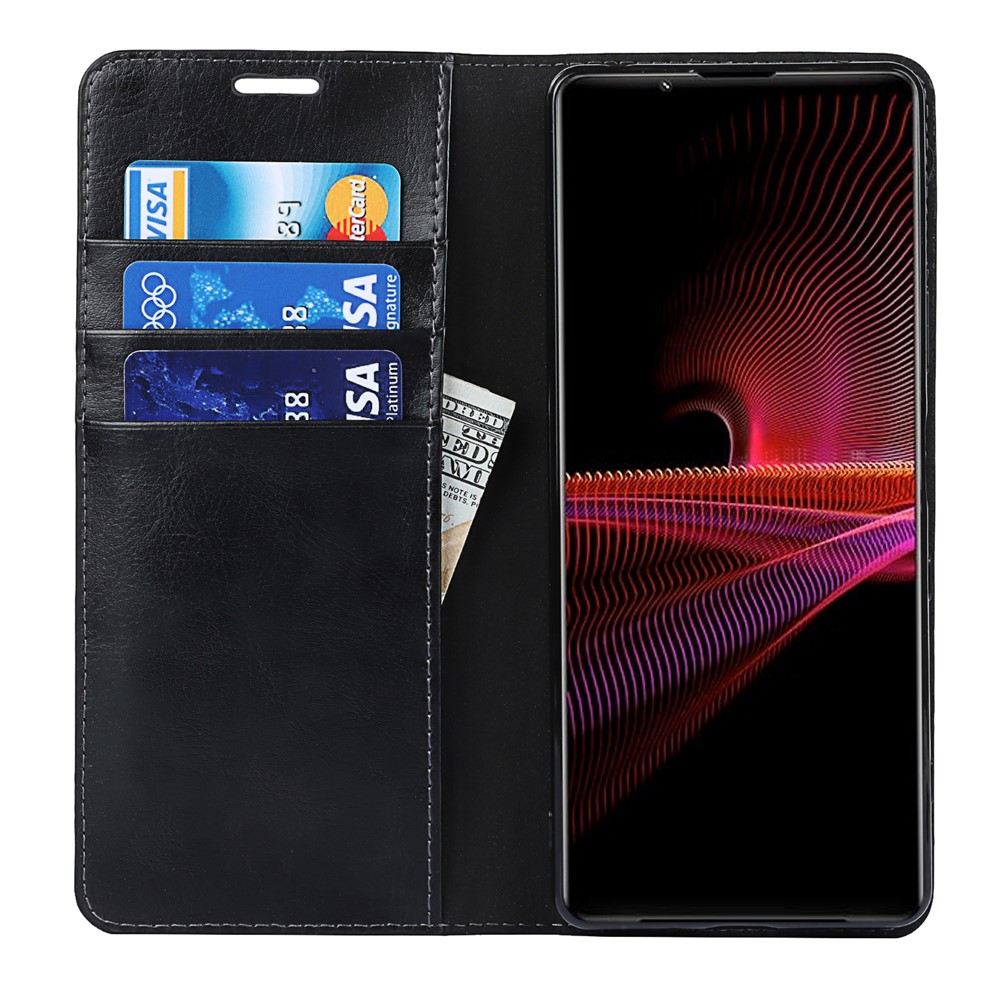 Crazy Horse Texture Genuine Leather Wallet Phone Design Case for Sony Xperia 1 III - Black-6