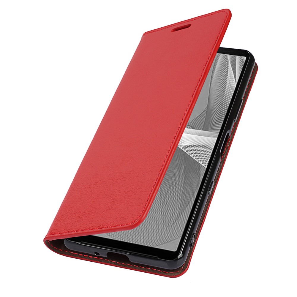 Crazy Horse Texture Genuine Leather Stand Wallet Case Shell for Sony Xperia 10 III - Red-10