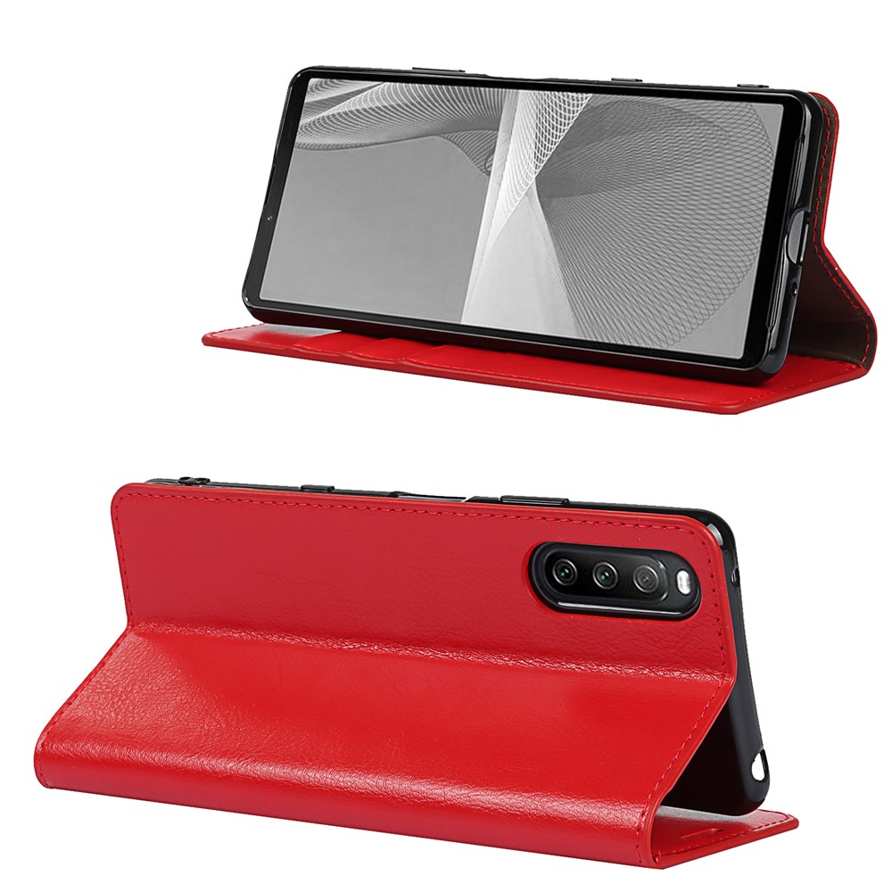 Crazy Horse Texture Genuine Leather Stand Wallet Case Shell for Sony Xperia 10 III - Red-4