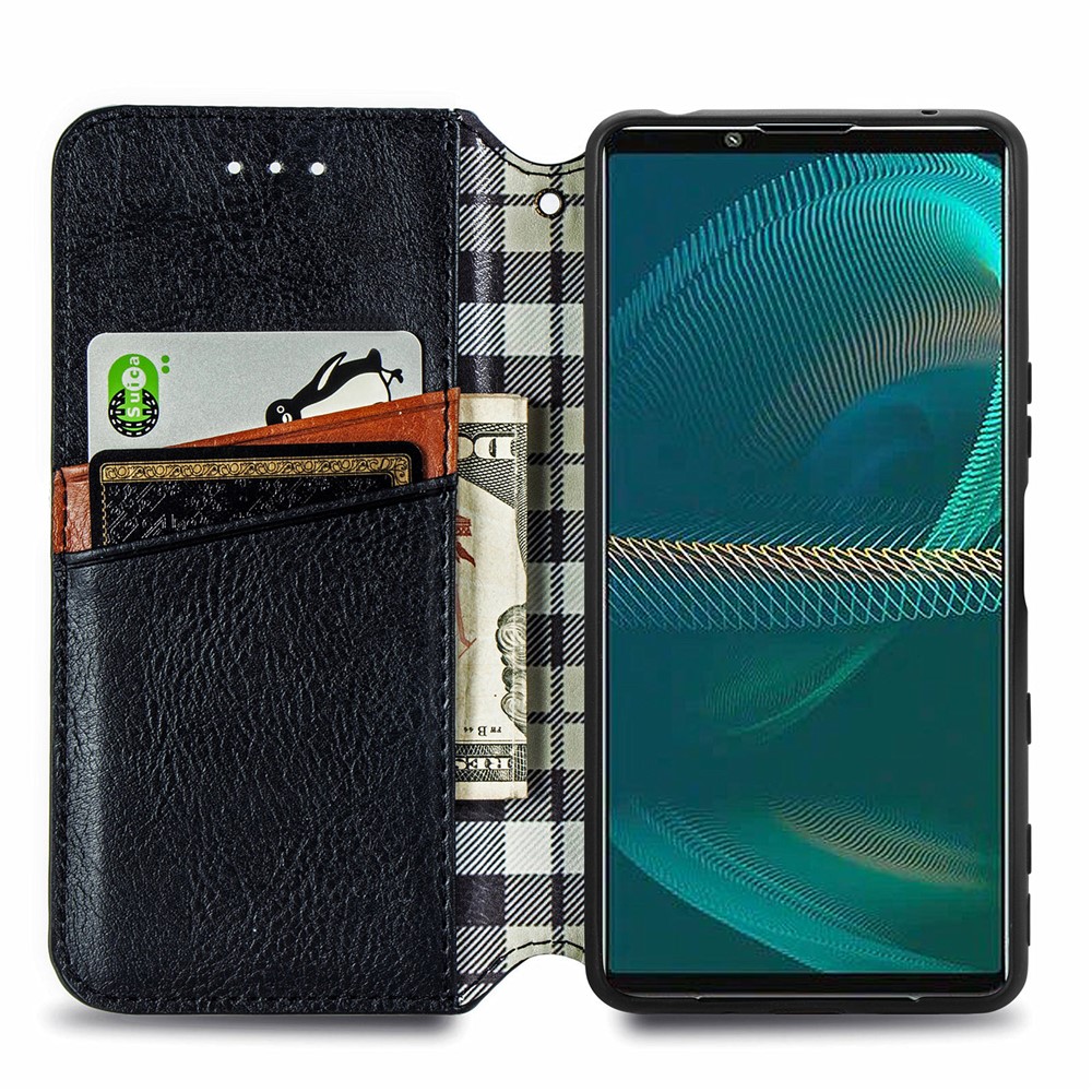 Fashionable Auto-absorbed Rhombus Texture PU Leather Wallet Phone Stand Design Cover for Sony Xperia 5 III - Black-10