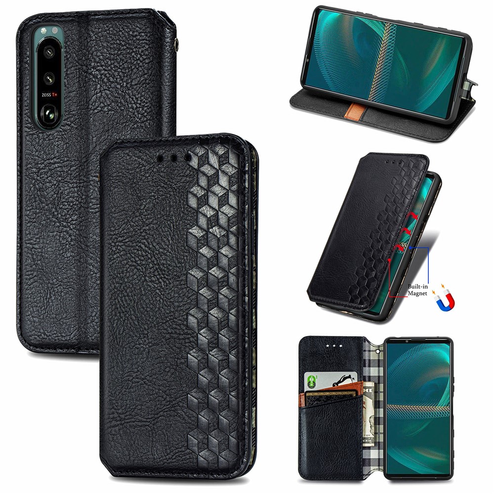 Fashionable Auto-absorbed Rhombus Texture PU Leather Wallet Phone Stand Design Cover for Sony Xperia 5 III - Black-12