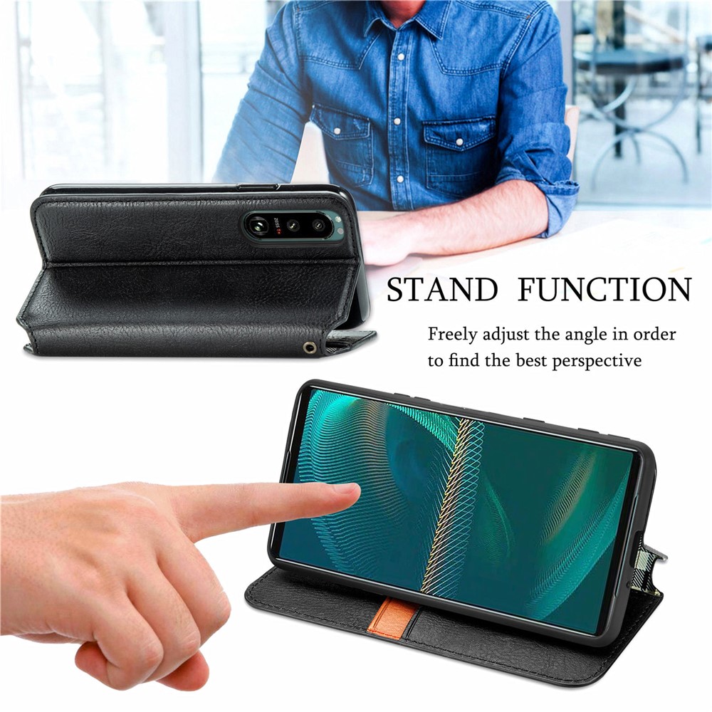 Fashionable Auto-absorbed Rhombus Texture PU Leather Wallet Phone Stand Design Cover for Sony Xperia 5 III - Black-2
