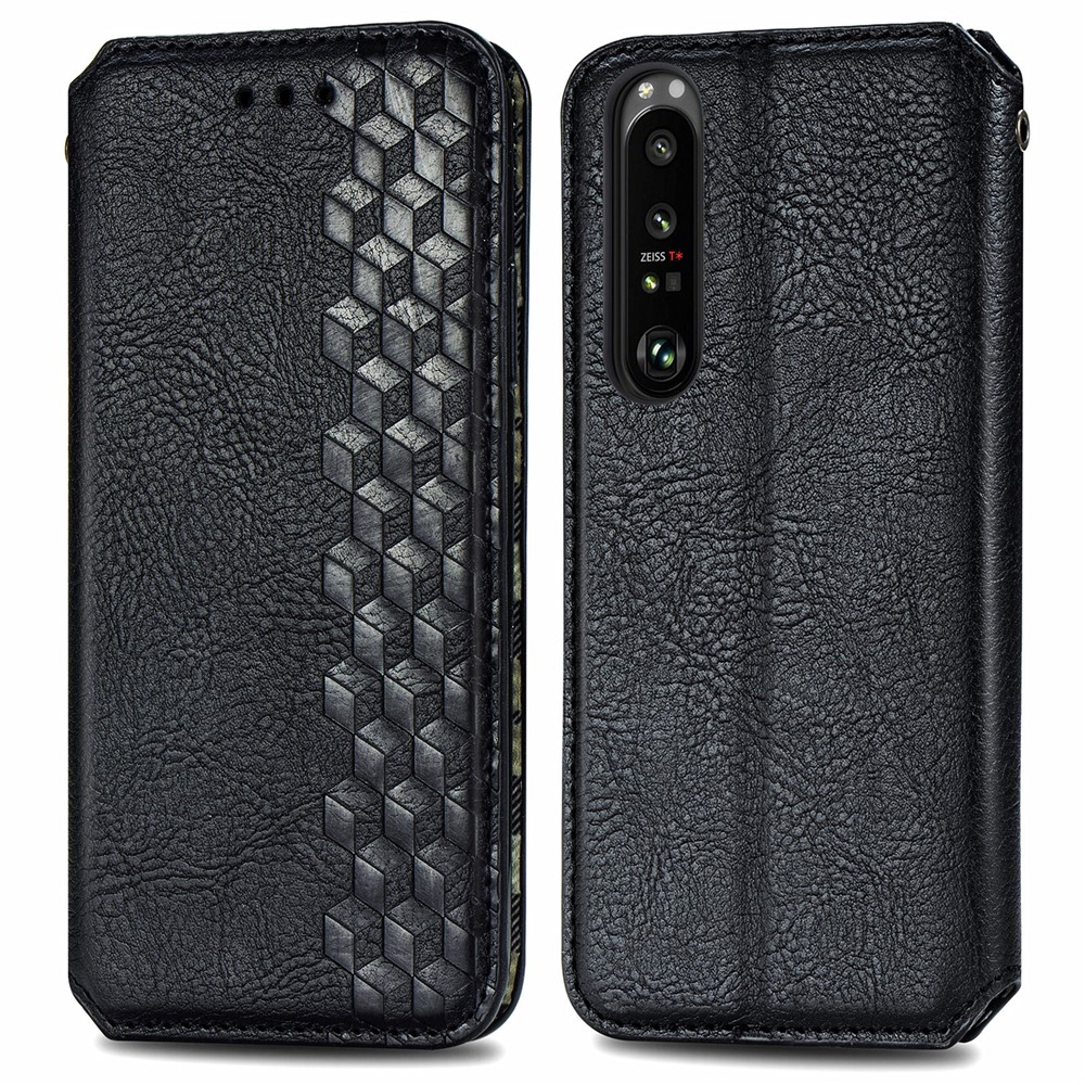 Auto-Absorbed Magnet PU Leather Case Rhombus Imprinting Design with Wallet Stand for Sony Xperia 1 III - Black-1