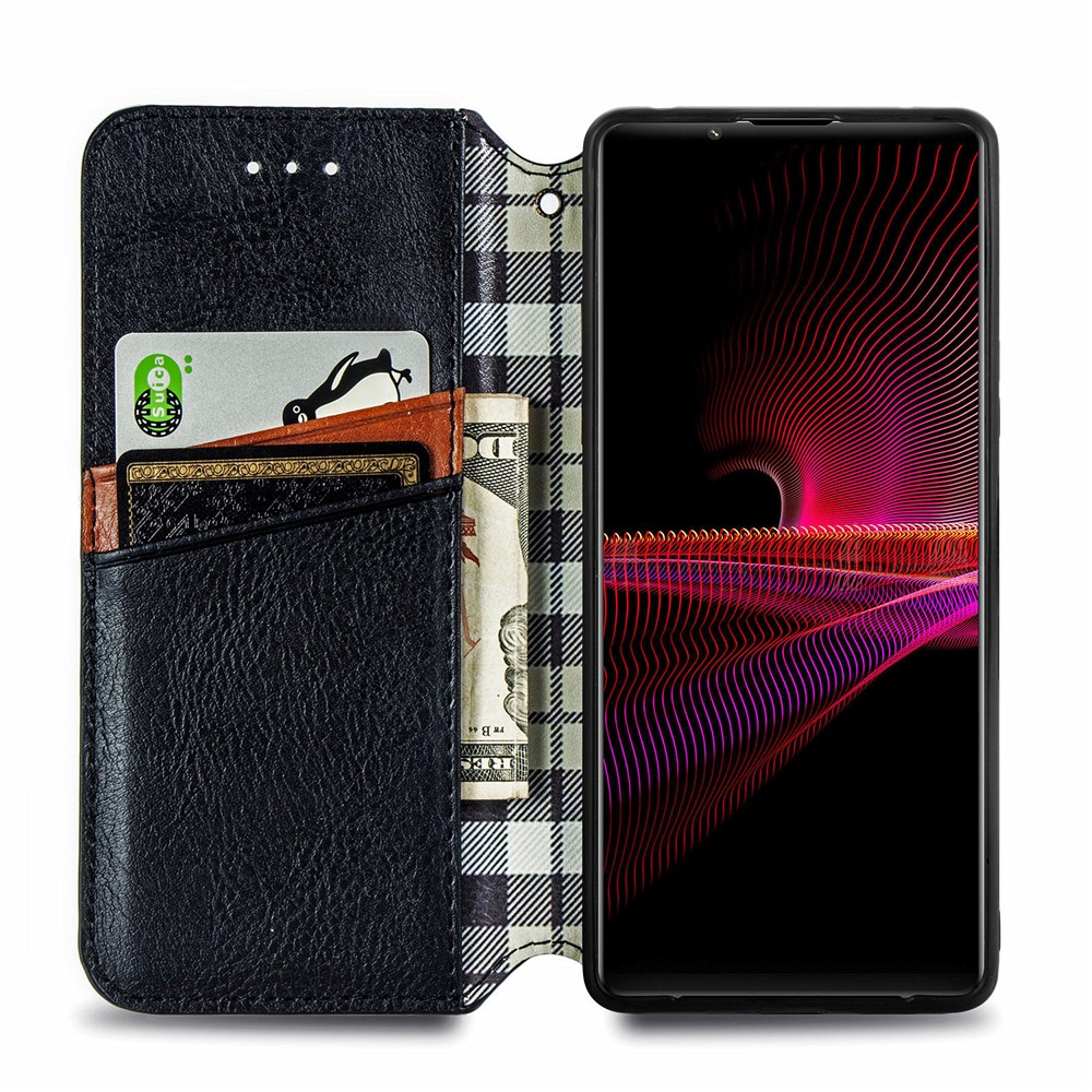 Auto-Absorbed Magnet PU Leather Case Rhombus Imprinting Design with Wallet Stand for Sony Xperia 1 III - Black-10