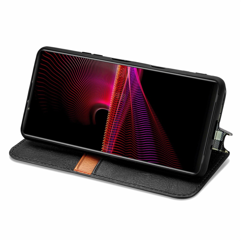 Auto-Absorbed Magnet PU Leather Case Rhombus Imprinting Design with Wallet Stand for Sony Xperia 1 III - Black-11
