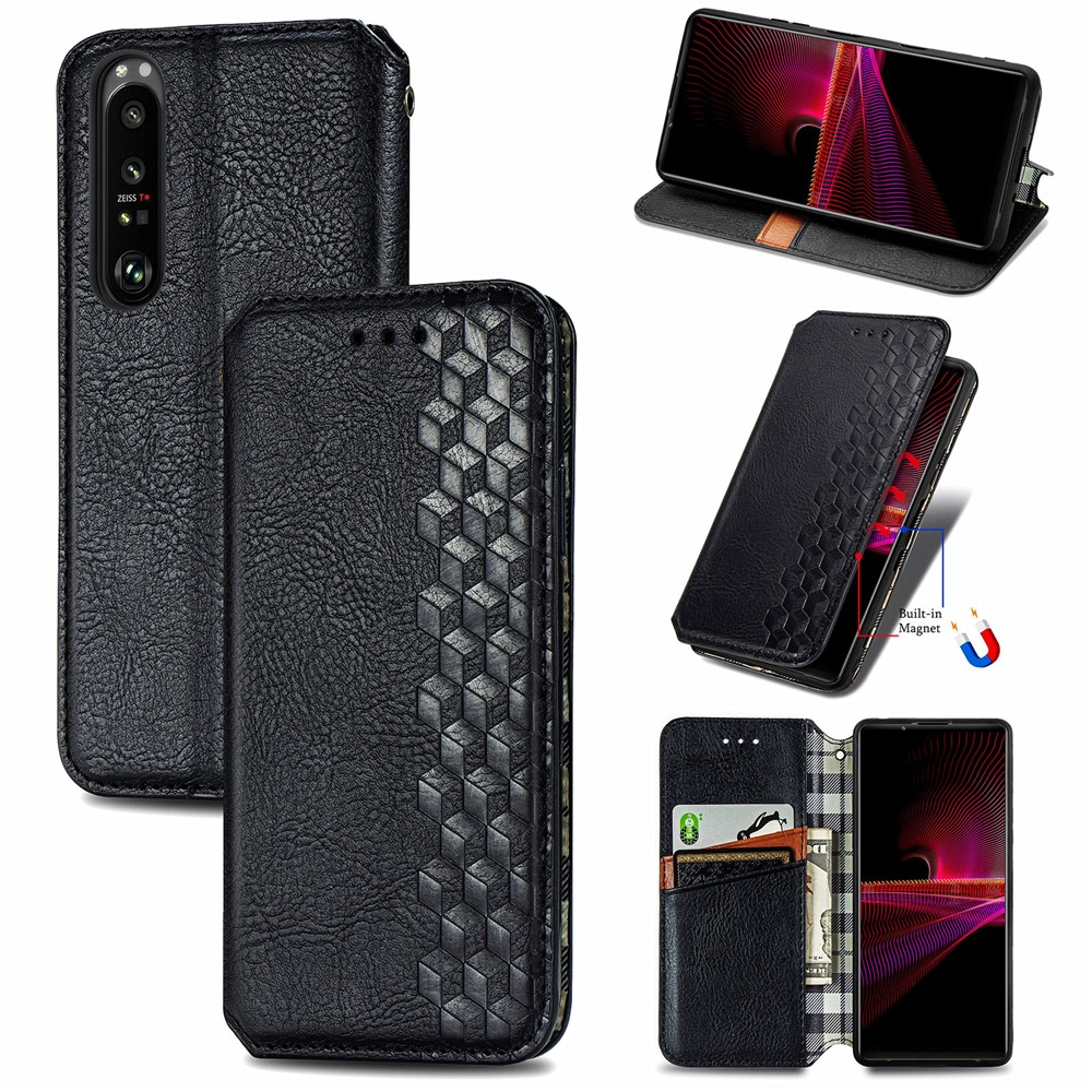 Auto-Absorbed Magnet PU Leather Case Rhombus Imprinting Design with Wallet Stand for Sony Xperia 1 III - Black-12