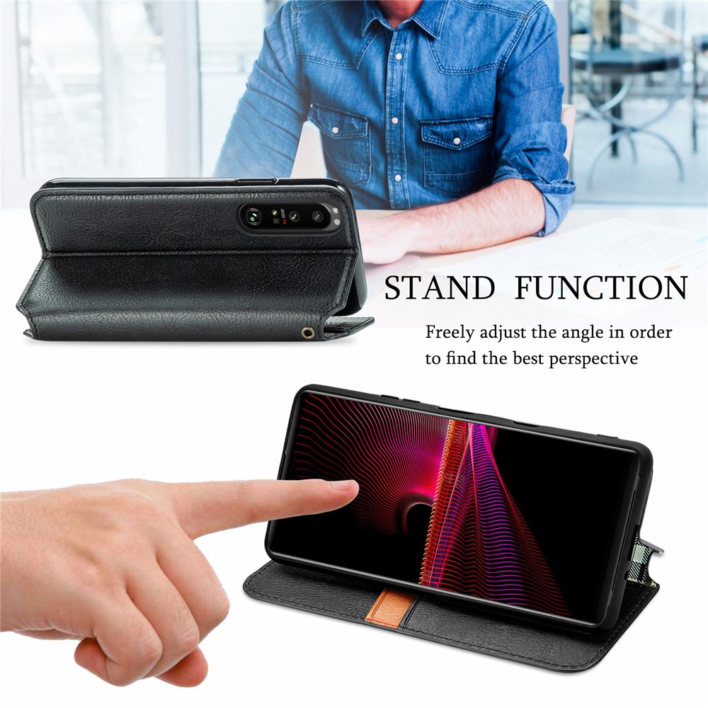 Auto-Absorbed Magnet PU Leather Case Rhombus Imprinting Design with Wallet Stand for Sony Xperia 1 III - Black-2