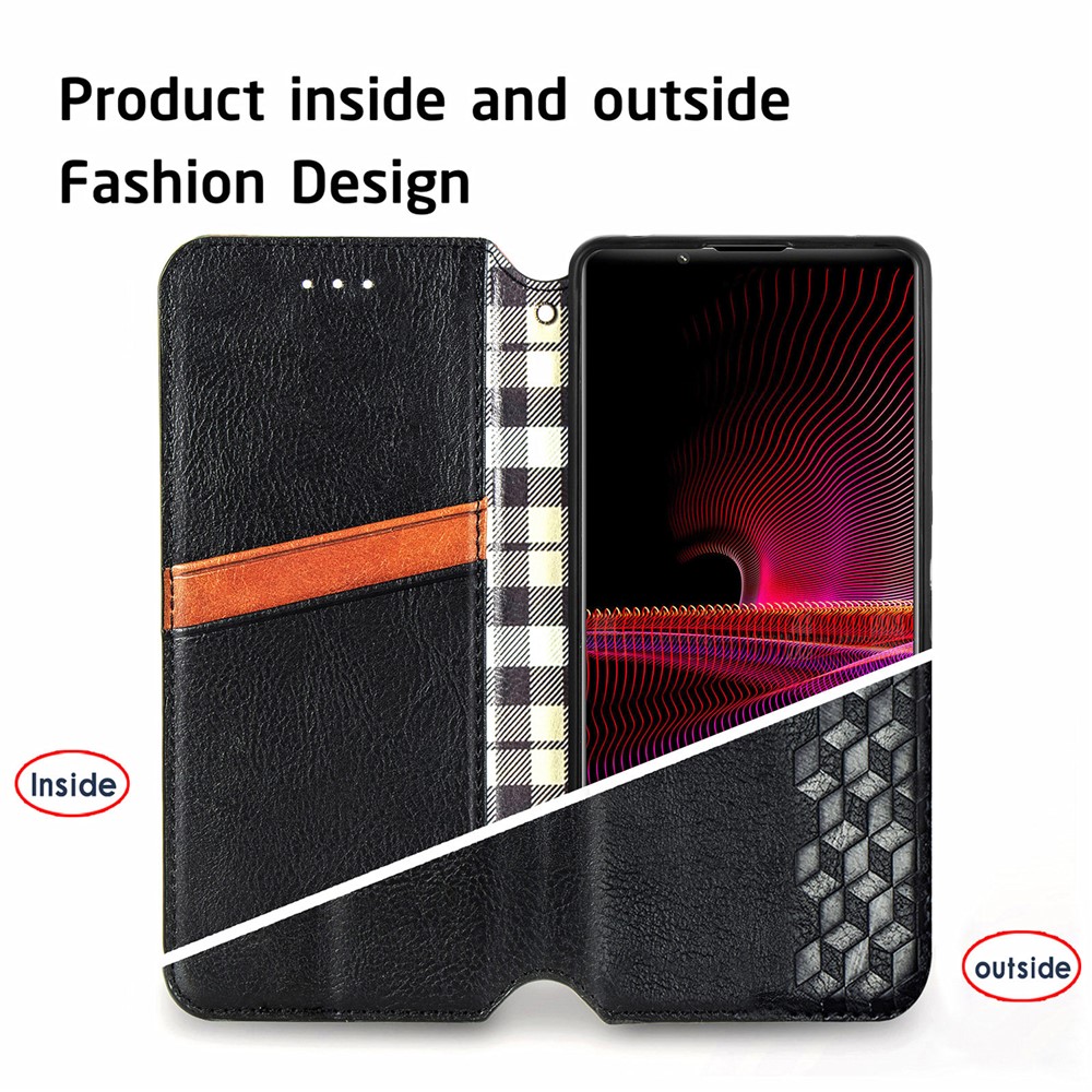 Auto-Absorbed Magnet PU Leather Case Rhombus Imprinting Design with Wallet Stand for Sony Xperia 1 III - Black-5