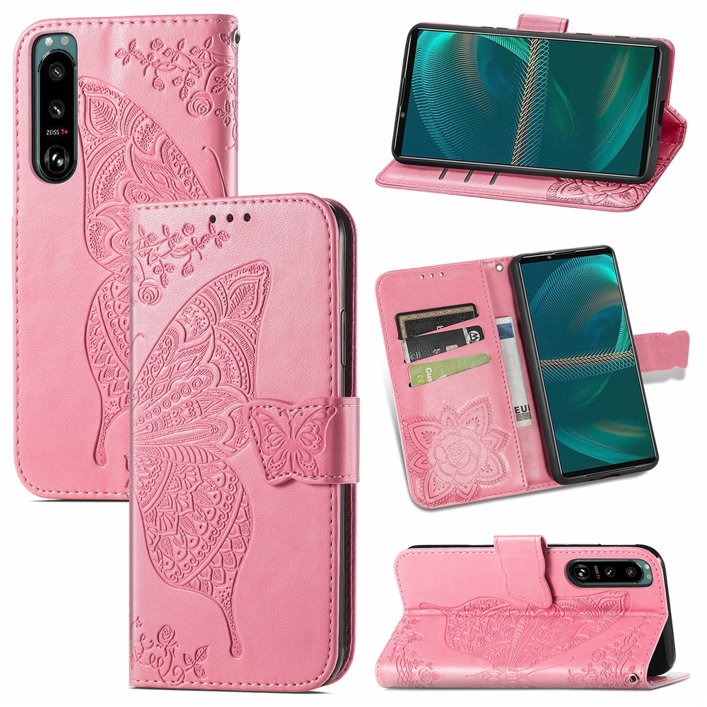 Big Butterfly Imprinting Leather Wallet Cell Phone Cover with Stand Design for Sony Xperia 5 III - Pink-10