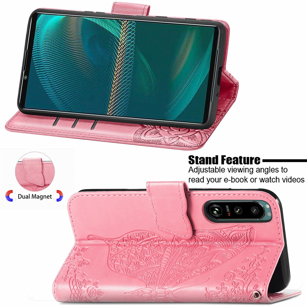 Big Butterfly Imprinting Leather Wallet Cell Phone Cover with Stand Design for Sony Xperia 5 III - Pink-2