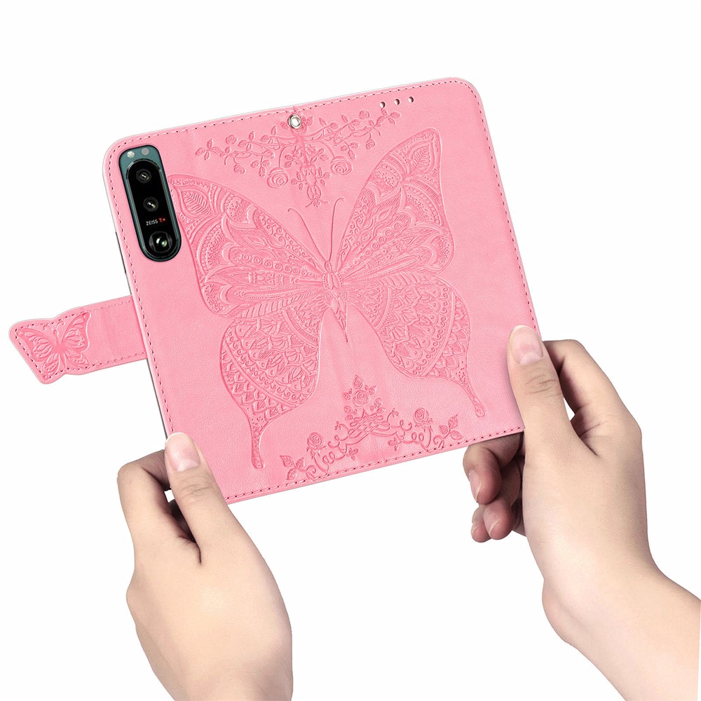 Big Butterfly Imprinting Leather Wallet Cell Phone Cover with Stand Design for Sony Xperia 5 III - Pink-3