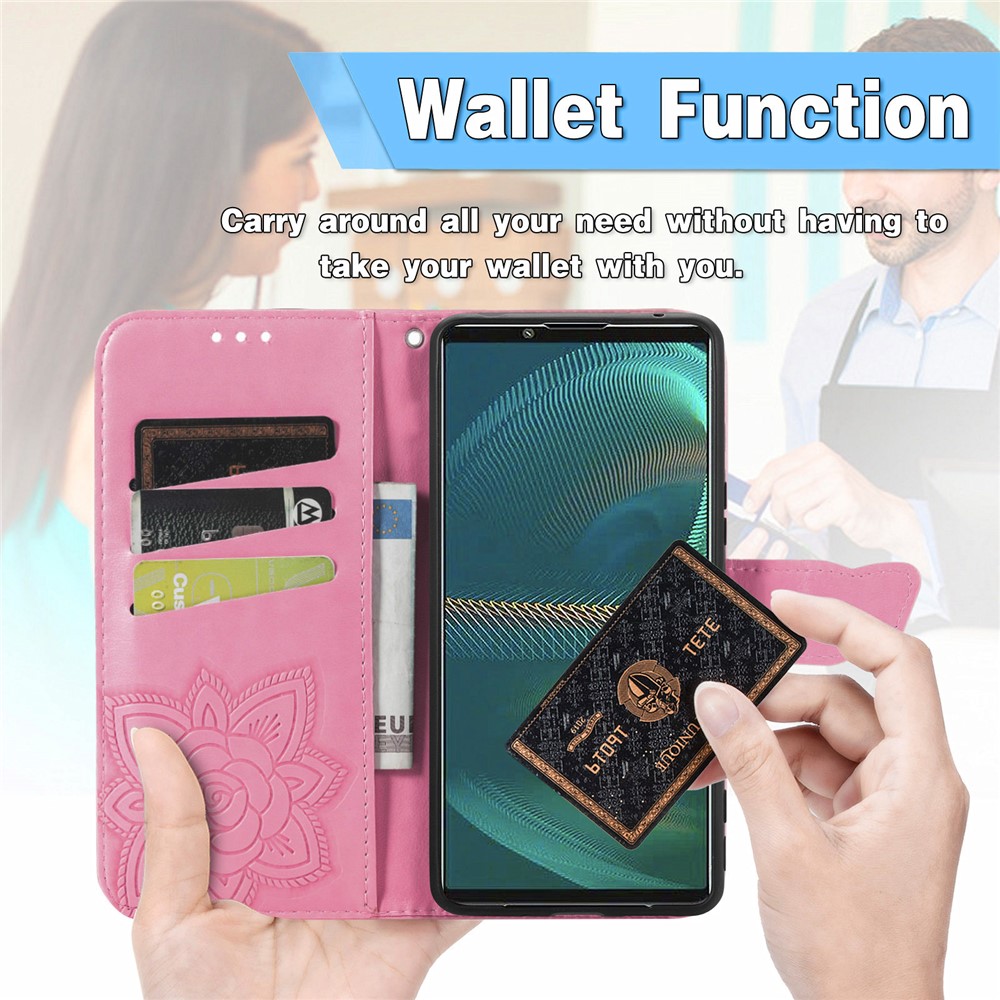 Big Butterfly Imprinting Leather Wallet Cell Phone Cover with Stand Design for Sony Xperia 5 III - Pink-4