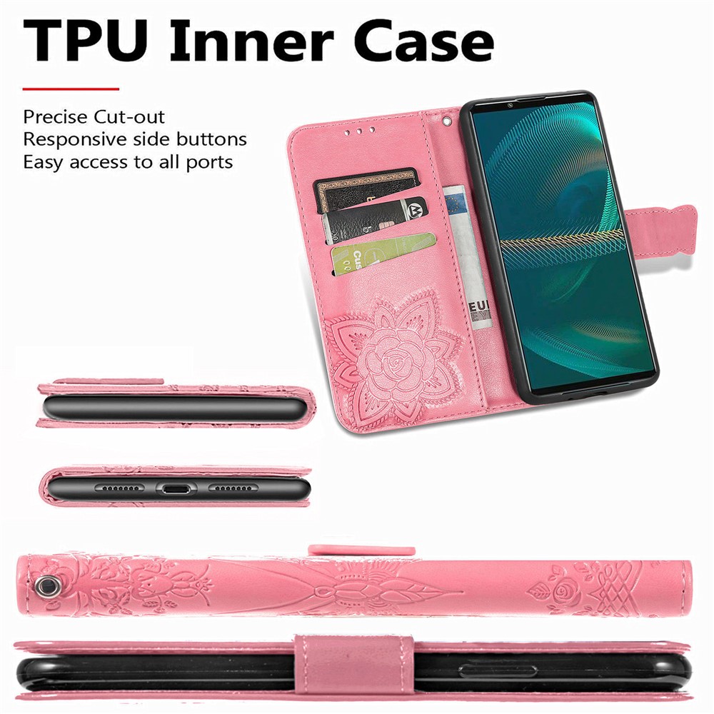 Big Butterfly Imprinting Leather Wallet Cell Phone Cover with Stand Design for Sony Xperia 5 III - Pink-5