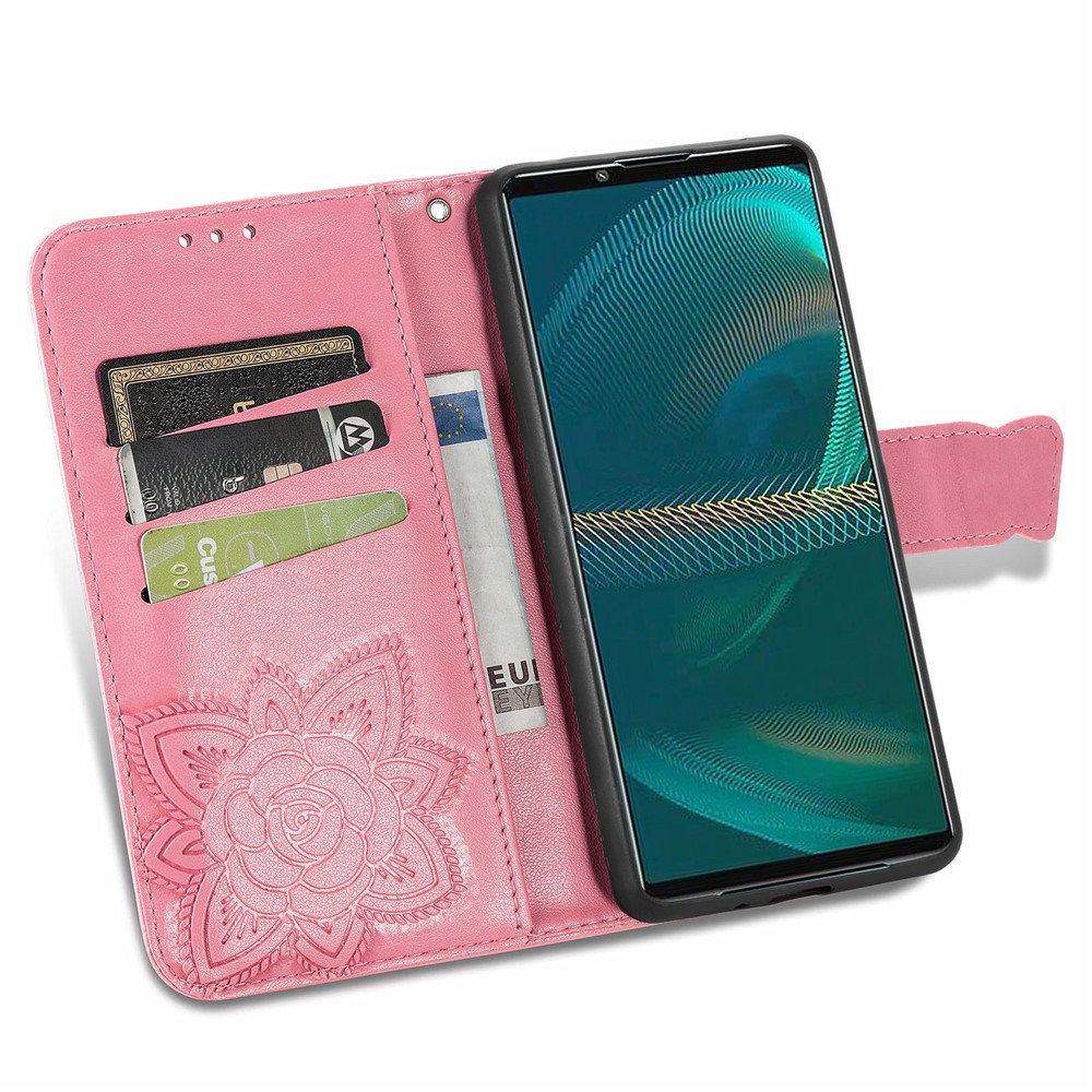 Big Butterfly Imprinting Leather Wallet Cell Phone Cover with Stand Design for Sony Xperia 5 III - Pink-8
