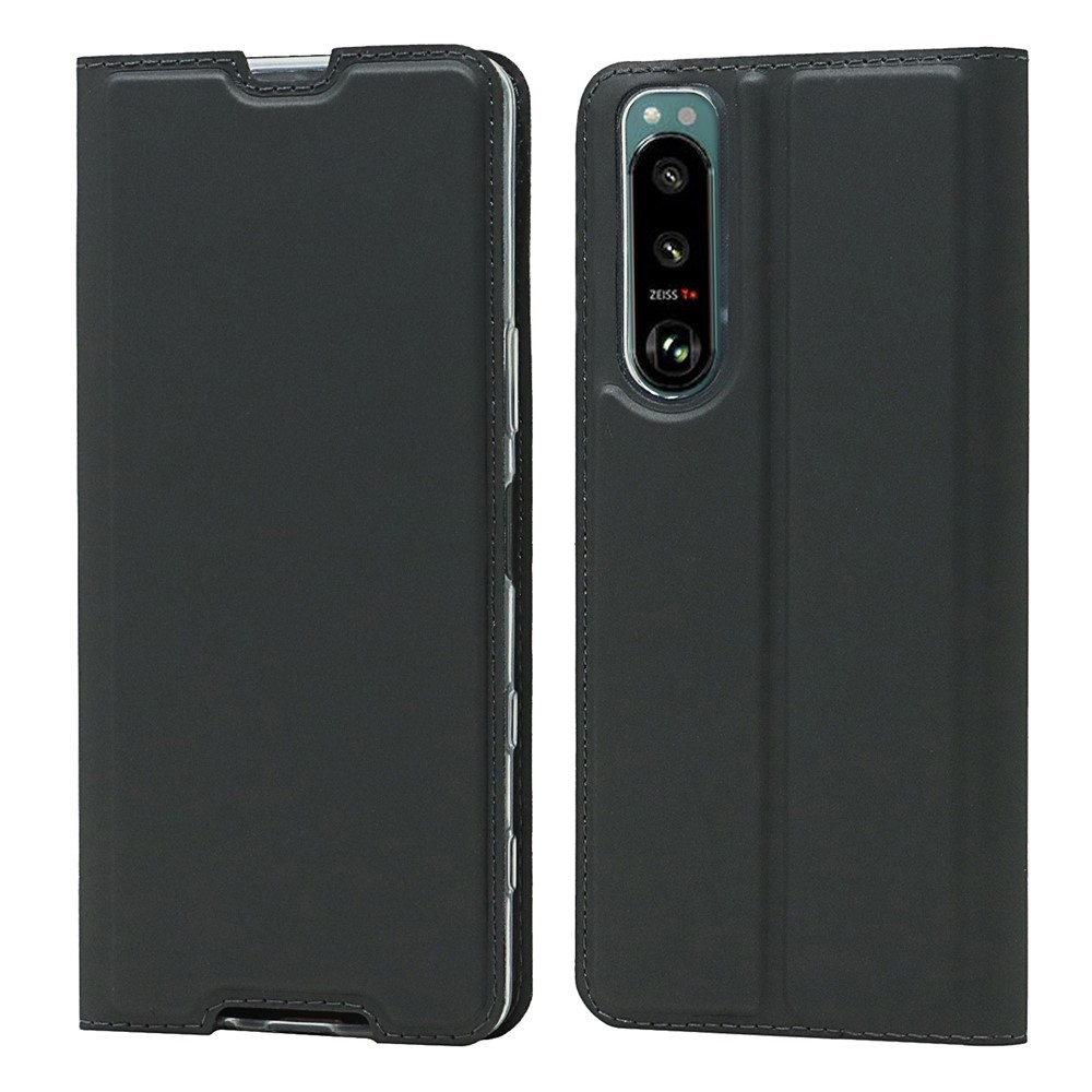 Auto-absorbed PU Leather Coated TPU Phone Case Cover with Stand and Card Slot for Sony Xperia 5 III - Black-1