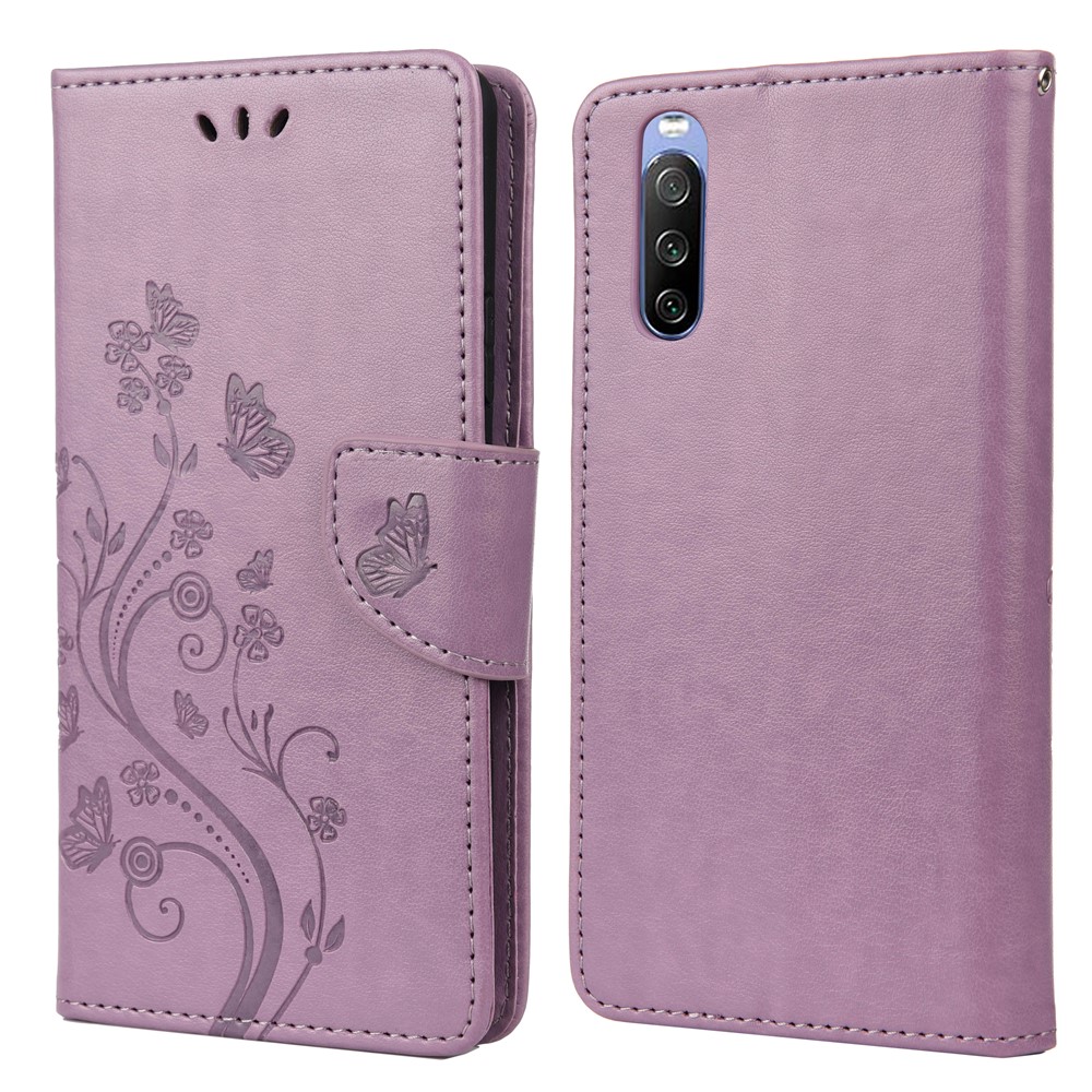 Imprinted Butterfly PU Leather Flip Wallet Full Protective Case Cover Stand for Sony Xperia 10 III - Light Purple-1