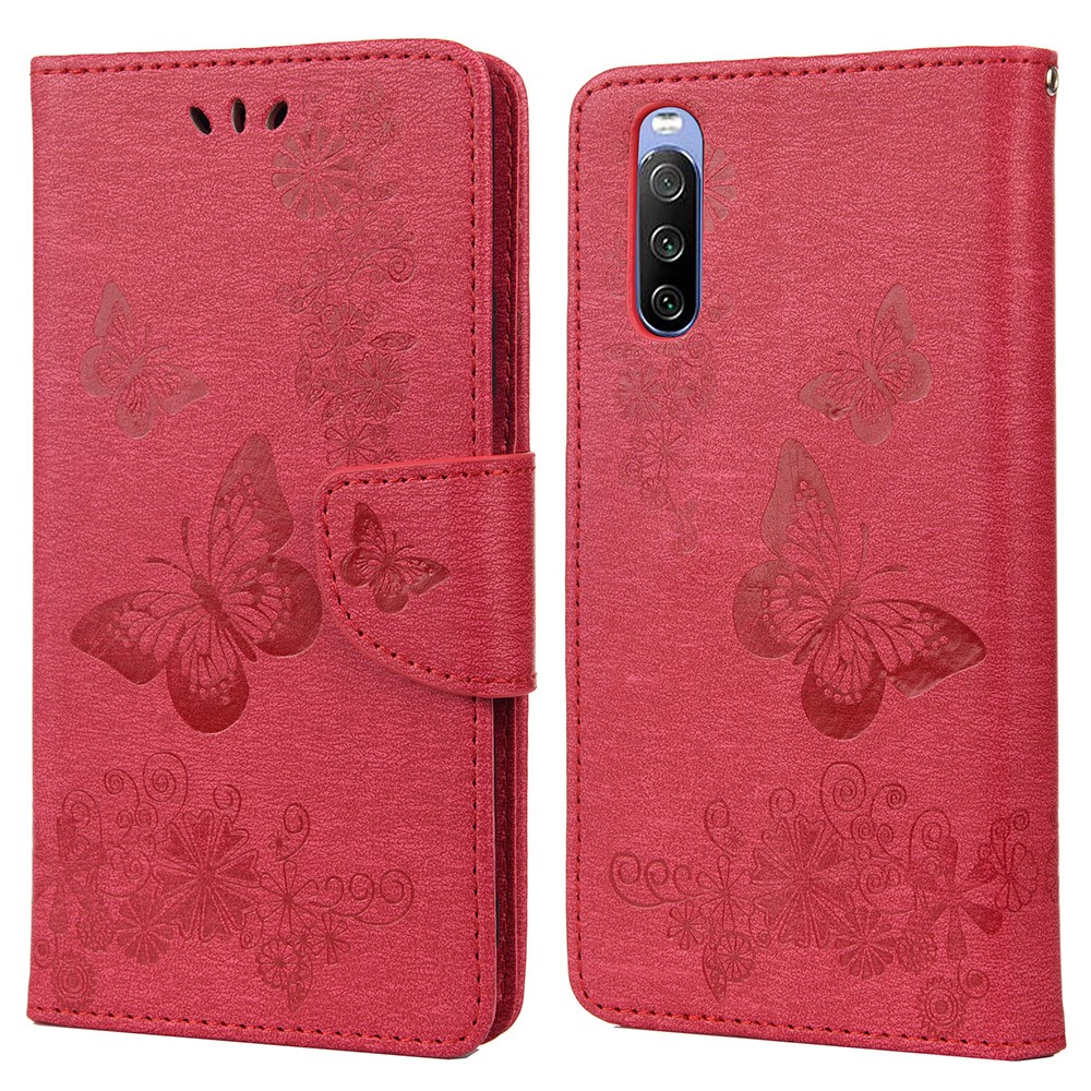 Butterfly Flower Imprinted PU Leather Wallet Magnetic Flip Protective Cover for Sony Xperia 10 III - Red-1