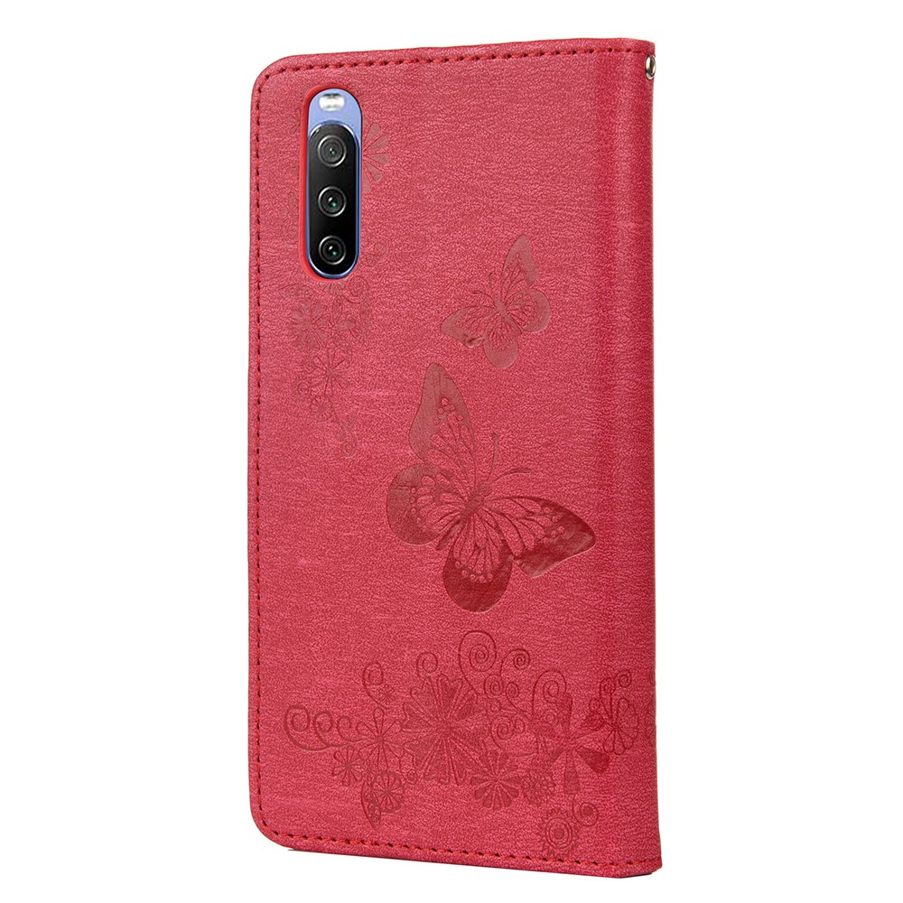 Butterfly Flower Imprinted PU Leather Wallet Magnetic Flip Protective Cover for Sony Xperia 10 III - Red-3