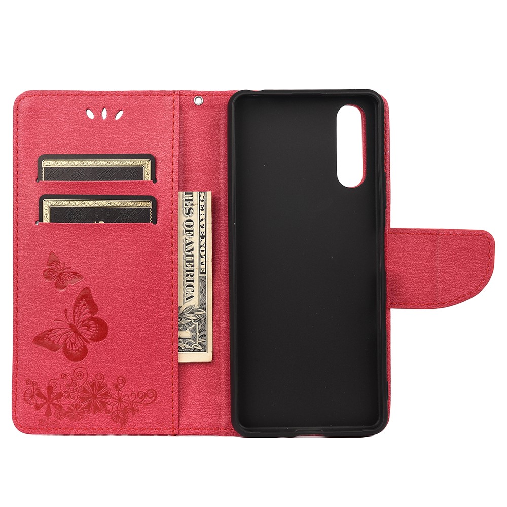 Butterfly Flower Imprinted PU Leather Wallet Magnetic Flip Protective Cover for Sony Xperia 10 III - Red-4