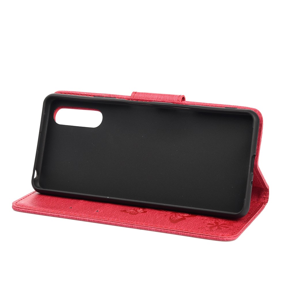Butterfly Flower Imprinted PU Leather Wallet Magnetic Flip Protective Cover for Sony Xperia 10 III - Red-5