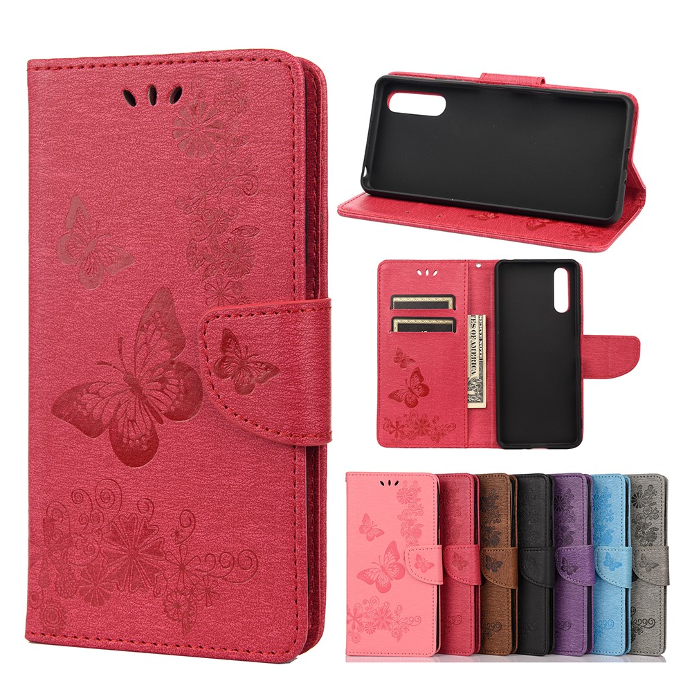 Butterfly Flower Imprinted PU Leather Wallet Magnetic Flip Protective Cover for Sony Xperia 10 III - Red-7