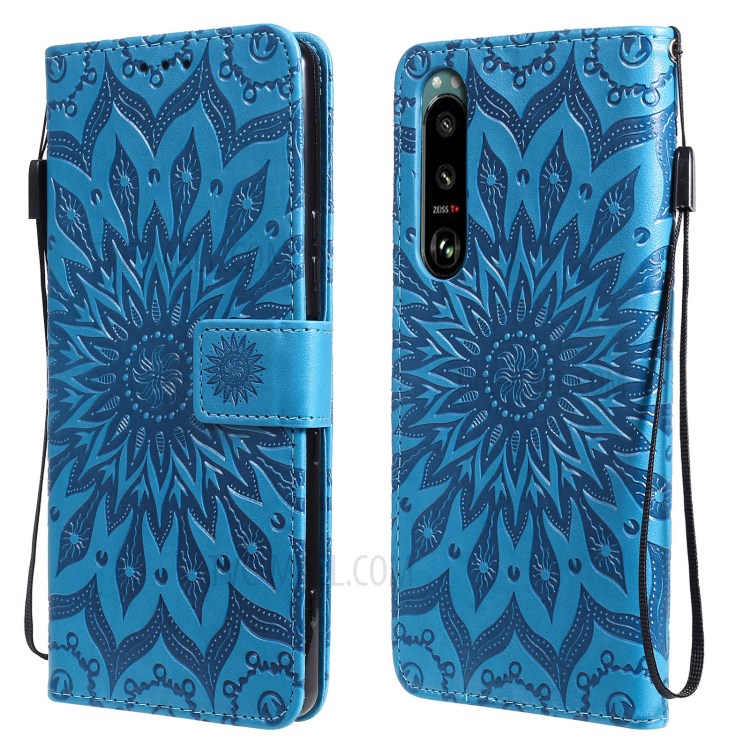 Imprinting Flower Pattern PU Leather Wallet Phone Cover with Stand for Sony Xperia 1 III 5G - Blue-1