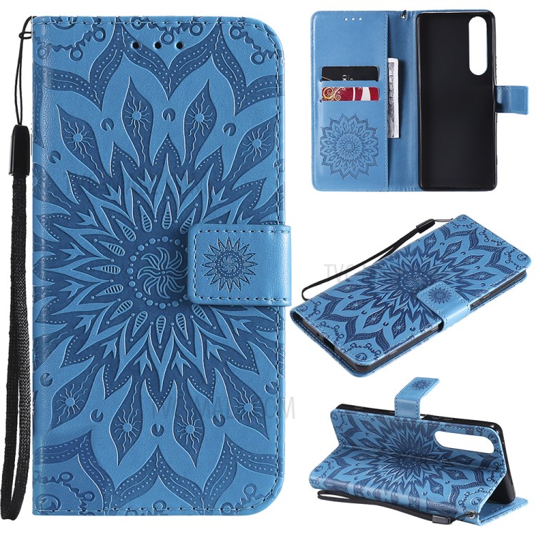 Imprinting Flower Pattern PU Leather Wallet Phone Cover with Stand for Sony Xperia 1 III 5G - Blue-11