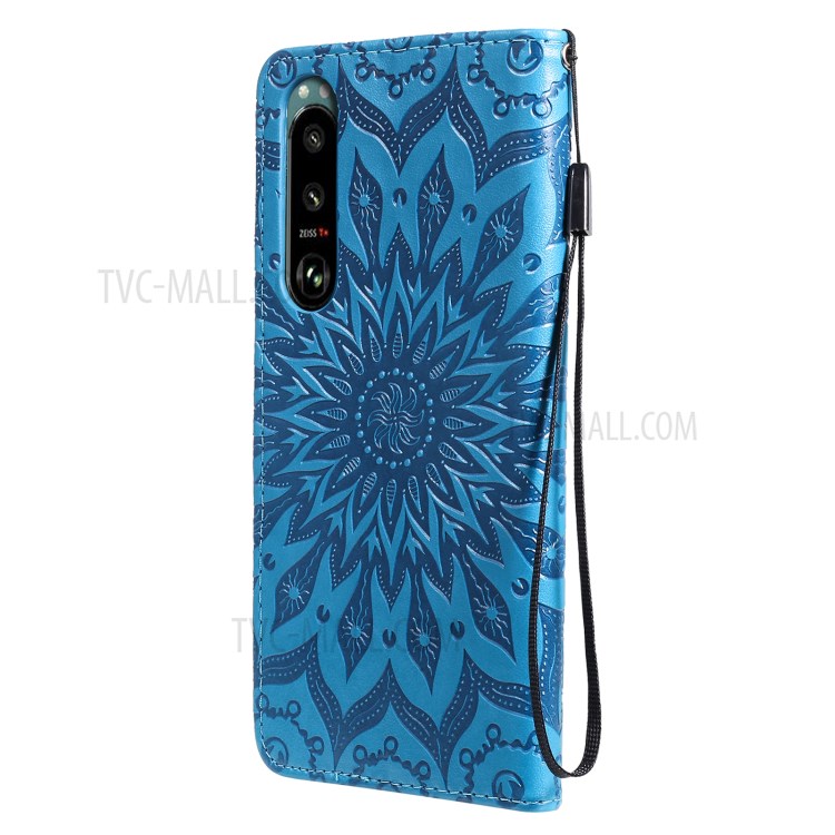 Imprinting Flower Pattern PU Leather Wallet Phone Cover with Stand for Sony Xperia 1 III 5G - Blue-3