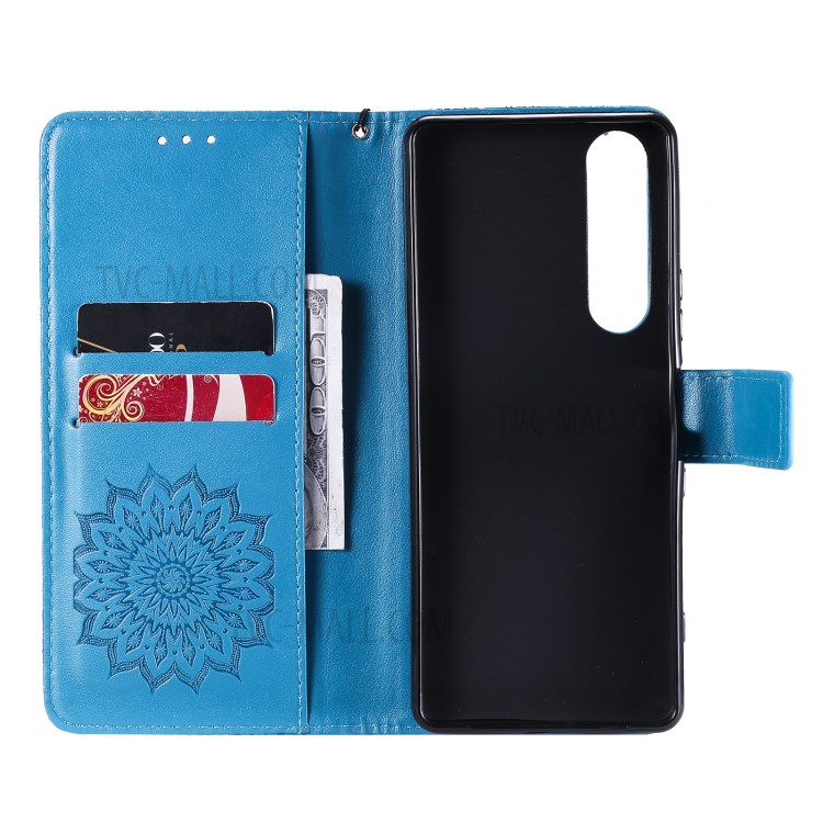 Imprinting Flower Pattern PU Leather Wallet Phone Cover with Stand for Sony Xperia 1 III 5G - Blue-5