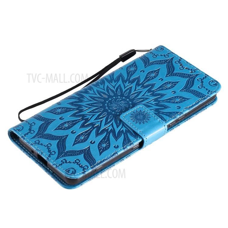 Imprinting Flower Pattern PU Leather Wallet Phone Cover with Stand for Sony Xperia 1 III 5G - Blue-7