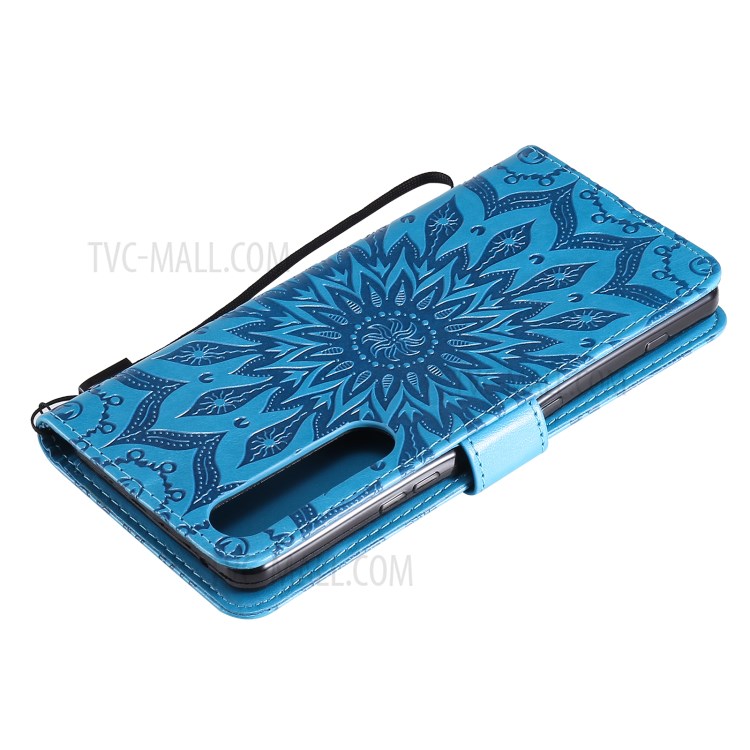 Imprinting Flower Pattern PU Leather Wallet Phone Cover with Stand for Sony Xperia 1 III 5G - Blue-8