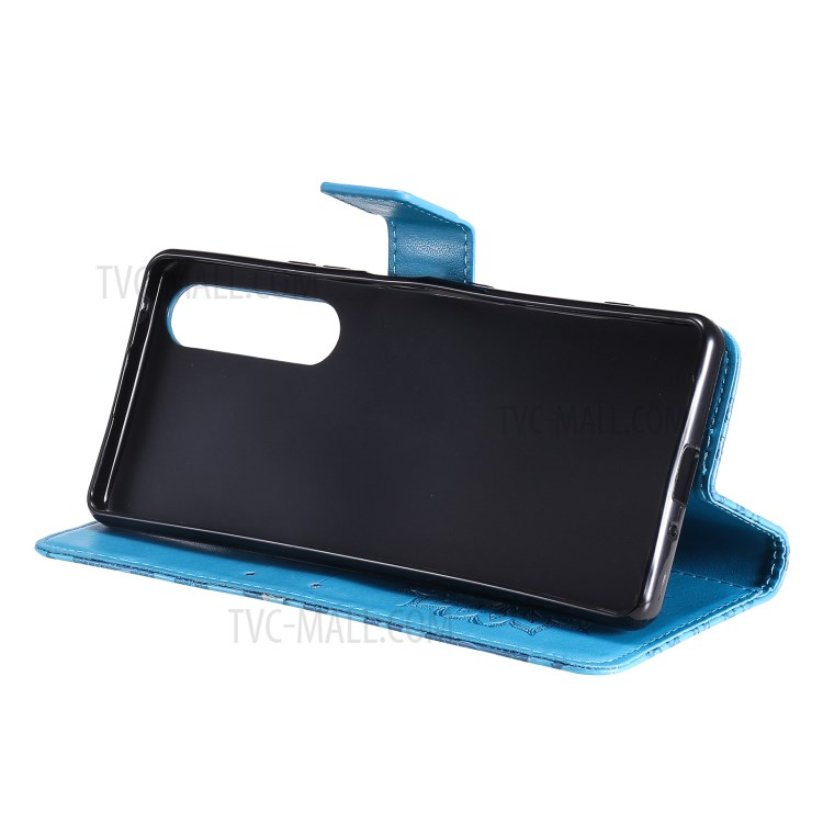 Imprinting Flower Pattern PU Leather Wallet Phone Cover with Stand for Sony Xperia 1 III 5G - Blue-9