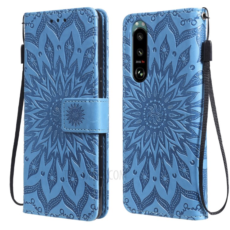Flower Pattern Imprinting PU Leather Wallet Phone Cover with Stand for Sony Xperia 5 III 5G - Blue-1