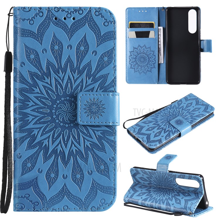 Flower Pattern Imprinting PU Leather Wallet Phone Cover with Stand for Sony Xperia 5 III 5G - Blue-11