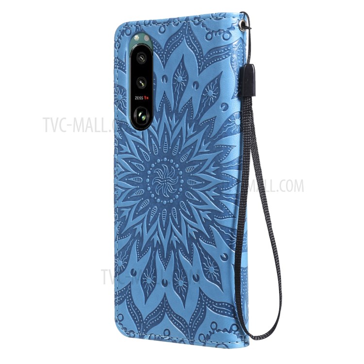 Flower Pattern Imprinting PU Leather Wallet Phone Cover with Stand for Sony Xperia 5 III 5G - Blue-3