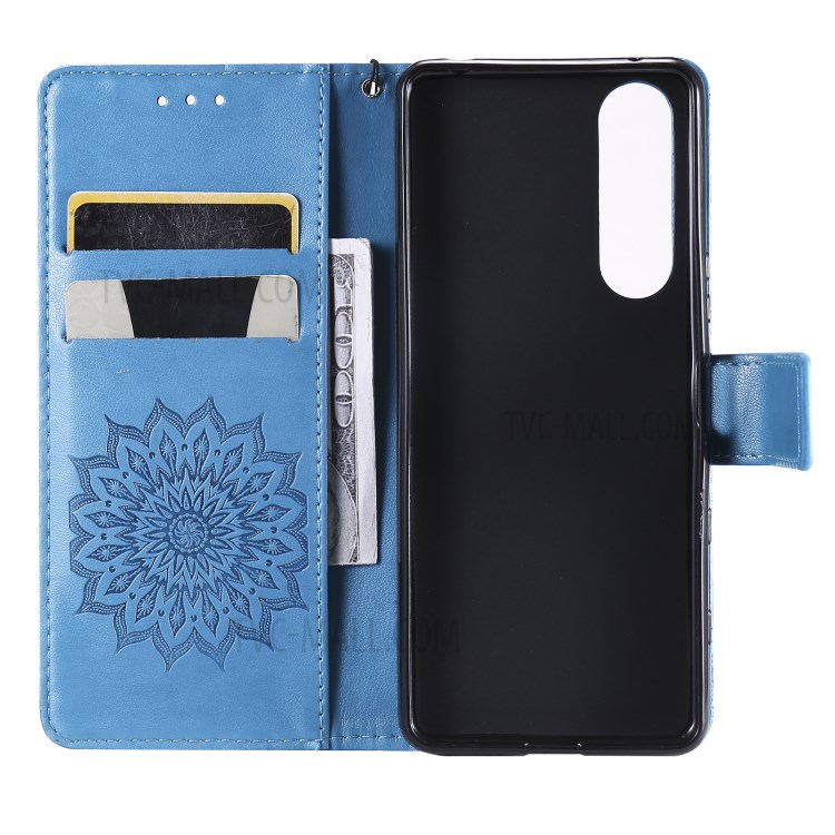Flower Pattern Imprinting PU Leather Wallet Phone Cover with Stand for Sony Xperia 5 III 5G - Blue-4
